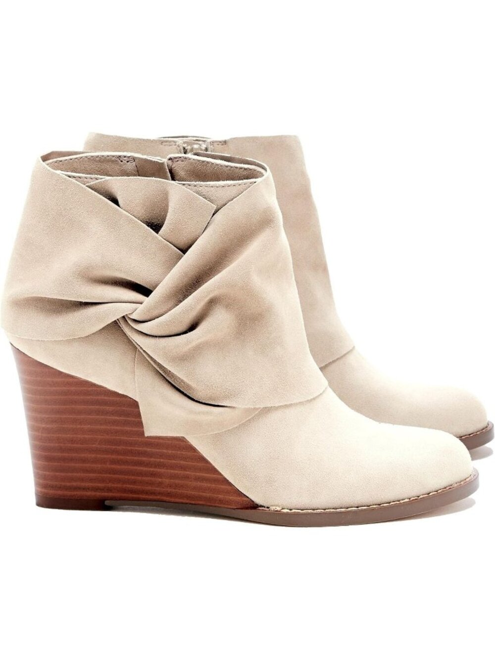 Women's Beige Faux Suede Bow Knot Stacked Wedge Dress Western Ankle Heels Boots
